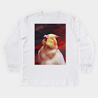 A screaming cockatiel in the sky painting Kids Long Sleeve T-Shirt